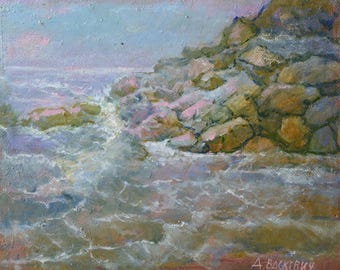 Original Vintage Seascape Oil Painting, Rocky Coastline, Ukrainian Impressionist Art