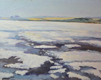 Original Antique Oil Painting, Salt Lake Landscape, Coastal Spit View, Marine Impressionist Art, Ukrainian  Artist, Rustic Cottagecore Decor