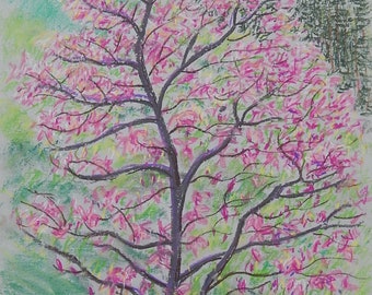 Garden Landscape Original Vintage Pastel Painting Still Life "Sakura Blossom" Soviet Ukrainian Artist Signed Artwork