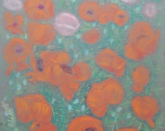 Vintage-Blumenstillleben mit Mohnblumen, Originales antikes Pastellgemälde des sowjetischen ukrainischen Künstlers V. I. Gubar, signiertes Kunstwerk, 65 x 50 cm