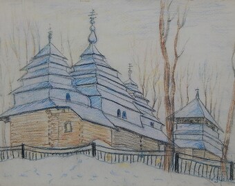 Orthodox Church Landscape Original Antique Pastel Painting by Soviet Ukrainian Artist V. I. Gubar Signed Vintage Artwork