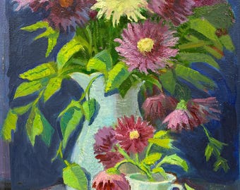 Original Flowers Oil Painting, Vintage Floral Still Life, Pink Asters Bouquet, Impressionist  Art