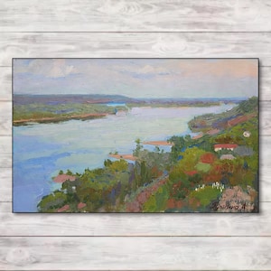 Vibrant oil painting on canvas of Dnieper River, signed Ukrainian art, tranquil landscape wall decor
