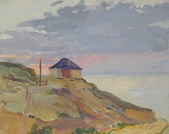 Meereslandschaft Hütte am Meer Original Antikes Ölgemälde eines sowjetischen ukrainischen Künstlers Vintage Kunst 60er Jahre