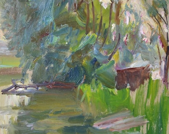 River Landscape Oil Painting, Original Vintage Ukrainian Impressionist Art