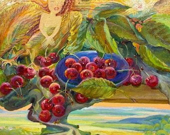Fruit Still Life Cherries Fairy Scene, Original Oil Painting, Vintage Expressionist Ukrainian Art