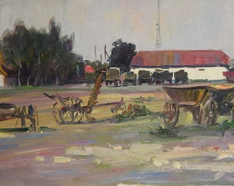 Paesaggio rurale Realismo sociale Pittura a olio Originale vintage antico sovietico ucraino degli anni '60