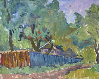 Village House Landscape Oil Painting, Original Vintage Impressionist Art, Ukrainian Artist, Cottagecore Decor, Rustic Farmhouse Wall Art