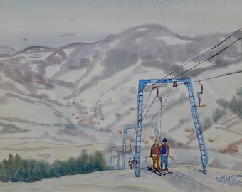 Winter Mountain Landscape Original Vintage Pastel Painting by Soviet Ukrainian Artist Signed Artwork