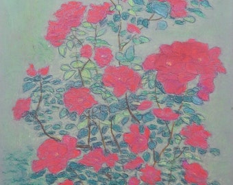 Original Antique Pastel Painting Floral Still Life with Roses Flowers Soviet Ukrainian Artist V. I. Gubar Signed Vintage Artwork