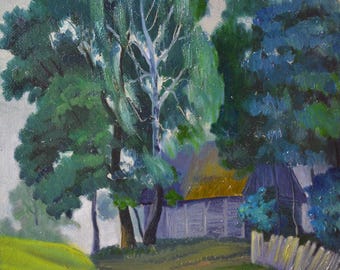 Village Landscape Oil Painting, Original Vintage Ukrainian Impressionist Art