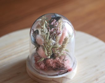 Natural and dyed rose dried flower bell jar
