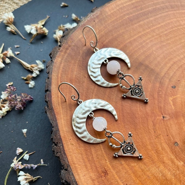 Dangle boho statement earrings with rose quartz stone. Lunula earrings with geometric tribal ethnic pendant. Witch jewelry for women gift