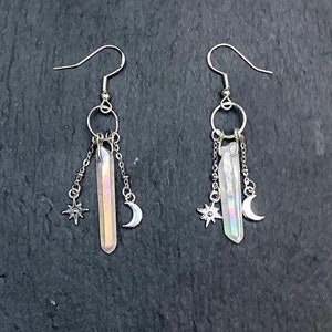 Tiny witch raw crystal earrings moon and stars, Goddess small dangle jewelry, Celestial earrings with quartz, Witchy gift under 30