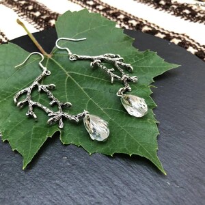 Silver Twig Dangle Earrings: Elvish Crystal Drop, Witchy Jewelry