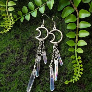 Celestial moon earrings Dangle boho jewelry with point raw quartz crystal Witch Alt chandelier earrings Goblincore Cottagecore Gift under 30