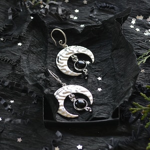 Goth black gemstone silver earrings - Gothic tribal crescent moon celestial earrings - Witch statement earrings - Soft grunge