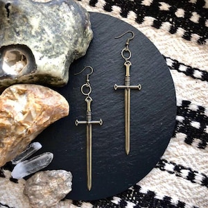 Long bronze sword earrings, Dark academia jewelry, Dangle earrings, Edgy fantasy earrings, Tarot magic occult earrings Witches gift under 30