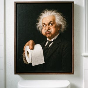 May include: A framed wall art print featuring a portrait of a man with wild white hair and a mustache, wearing a black suit and tie. The man has a comical expression with puffed cheeks and is holding a roll of white toilet paper in his hand.