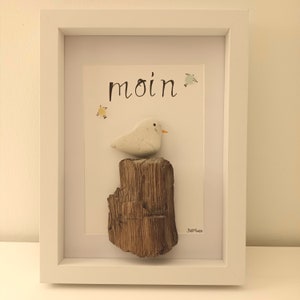 Stone picture &quot;Moin&quot; seagull on the beach, coastal love, Moin Moin