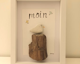 Stone picture "Moin" seagull on the beach, coastal love, Moin Moin