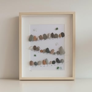 以下が含まれることがあります： フレームに入ったアート作品。小さな灰色、茶色、黒の石が、ワイヤーにとまっている鳥のように配置されています。石は白い背景に配置され、ワイヤーと小さな白い鳥のシンプルな黒の線画が描かれています。