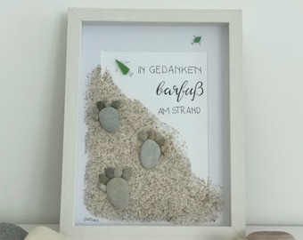 Escultura de piedra "Pensando descalzo en la playa", amor costero, Mar Báltico, Mar del Norte