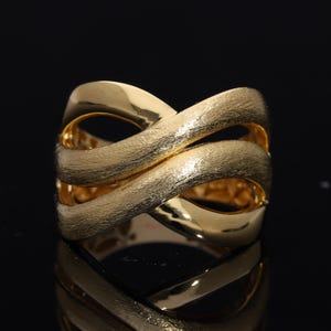 Double Crossover Statement Ring, 24K Gold Vermeil on 925 Silver, Dual Finish Intertwined Band, Minimalist Jewelry Gift for Her