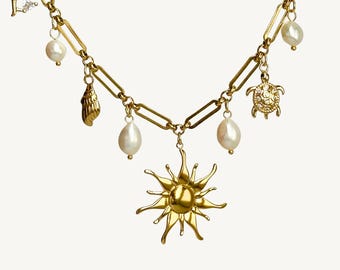 Soleil Charm Necklace - Sun Necklace Gold 18k Plated Stainless Steel with Ocean Charms, Pearls, Boho, Summer Jewelry, Beach Vacation