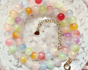 colorful glass beads necklace with 18k gold plated clasp, choker with rainbow glass beads