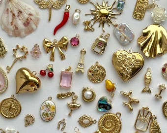 Charm Soup – 10/20/30/40/50 Mixed Charms, Vintage & New Pendants, DIY Jewelry Kit, 18K Gold Plated