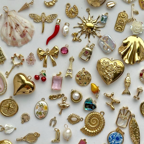 Charm Soup – 10/20/30/40/50 Mixed Charms, Vintage & New Pendants, DIY Jewelry Kit, 18K Gold Plated