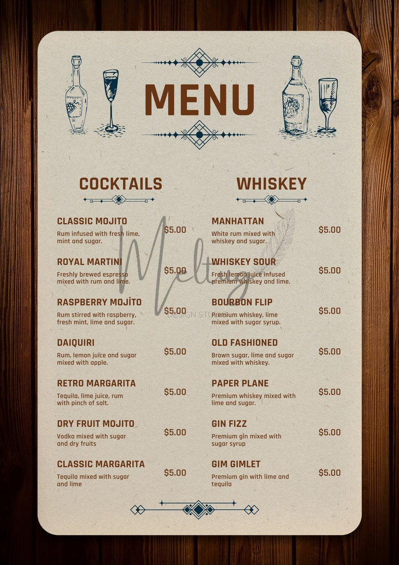 Bar Menu Template, Modern Editable Drink Menu, Printable Bar Menu, Bar ...