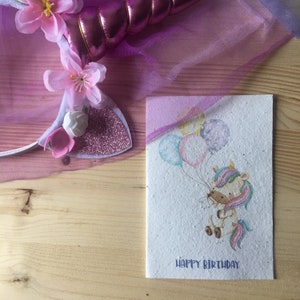 Carte de graines à planter licorne, carte de joyeux anniversaire, carte compostable écologique, carte d'anniversaire de fille