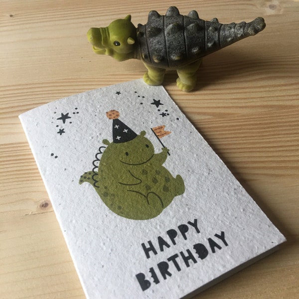 Dinosaur plantable seed card, Happy Birthday card, eco friendly compostable card, Birthday boy card