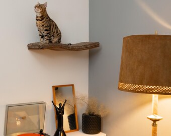 Handmade Beech Wood Floating Cat Bed: Wall Mounted Cat Shelf
