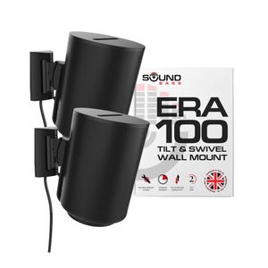 May include: Two black cylindrical speakers mounted on black wall brackets. Next to them is a white product box labelled SOUND BASS ERA 100 TILT & SWIVEL WALL MOUNT, featuring icons for mounting hardware, installation time, orientation, and a UK flag graphic.