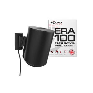 May include: A black speaker mounted on a wall bracket, with a black cable. The speaker is cylindrical with a mesh texture. A white box next to it reads "ERA 100 TILT & SWIVEL WALL MOUNT". The box has the Union Jack flag.