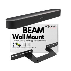 May include: A black Sonos Beam soundbar with a matching black wall mount kit. The kit includes fixing hardware and is compatible with generations 1 & 2. The box reads "BEAM Wall Mount".