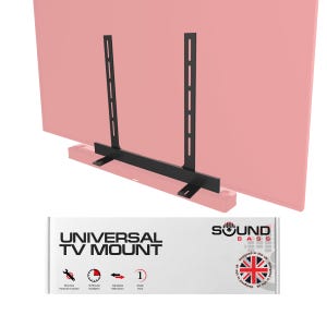 May include: A black universal TV mount with the text "UNIVERSAL TV MOUNT" and "SOUND BASS". The mount has two vertical support arms and a horizontal base. The packaging indicates mounting hardware is included and adjustable mechanisms.