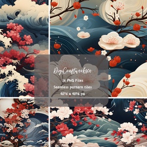 Traditional Japanese Style Tiles, Seamless Patterns, Pack of 16, INSTANT DOWNLOAD, PNG