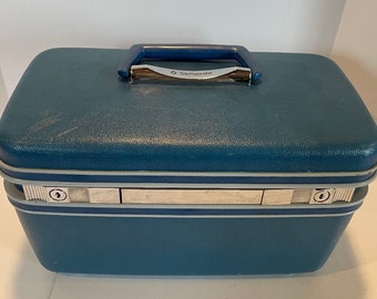 Vintage bleu Samsonite silhouette train trousse de toilette maquillage miroir clé d'urgence