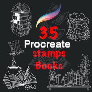 May include: Black graphic with the text "35 Procreate stamps Books". The image features illustrations of stacks of books, a cat on books, a cup of coffee, and a shelf of books with plants.