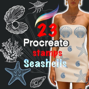 Puede incluir: Un vestido blanco sin tirantes adornado con diseños de conchas marinas y estrellas de mar azules. La imagen también presenta ilustraciones de varias conchas marinas y el texto "23 Procreate stamps Seashells."