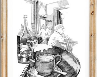Barcelona Cafe Art Print Cafetería Ilustración Arte de pared Blanco y negro Giclée Bellas artes para decoración del hogar y la oficina Sala de estar