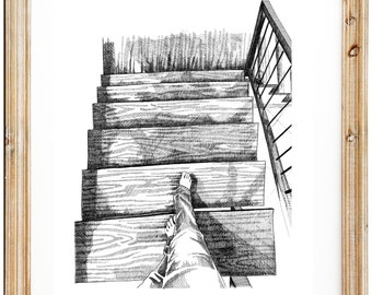 Introspectivo Soledad Escalera Dibujo Impresión Blanco y Negro Bellas Artes Giclee Contemporáneo Hogar y Oficina Arte de pared Decoración reflexiva