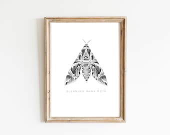Adelfa Hawk Moth Fine Line Art Print Ilustración de polilla Arte de pared minimalista Monocromo Decoración del hogar Póster Impresiones de arte de pared