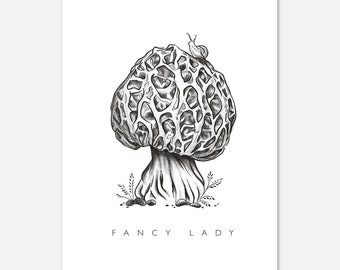 Fancy Lady Mushroom Postal-Sized Art Print Arte digital detallado Micología Arte Línea fina Bellas artes Decoración de la oficina en el hogar