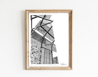 Persianas de caña arquitectónicas y arcos de teca Dibujo Impresión Arte de pared en blanco y negro Decoración contemporánea del hogar Ilustración Oficina Bellas Artes Giclee