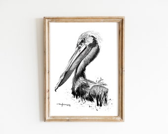 Ilustración de pelícano con respaldo rosa, impresión en blanco y negro, arte de pared de pájaro, bellas artes, minimalista, monocromo, cartel de vida silvestre, decoración de pared